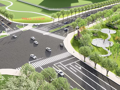 Municipal Road With Greenery Sidewalks Traffic Lanes And Vehicles In Urban Area 3d model