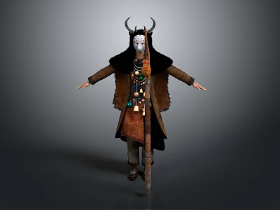 Mystical Ritual Character With Horned Mask Fur Trimmed Robe And Decorative Pendants 3d model