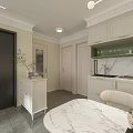 Modern Living And Dining Room With White Sofa Green Cushions Round Coffee Table And Chandelier