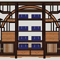Traditional Chinese Wooden Display Shelf With Blue Storage Boxes Drawers And Potted Plants
