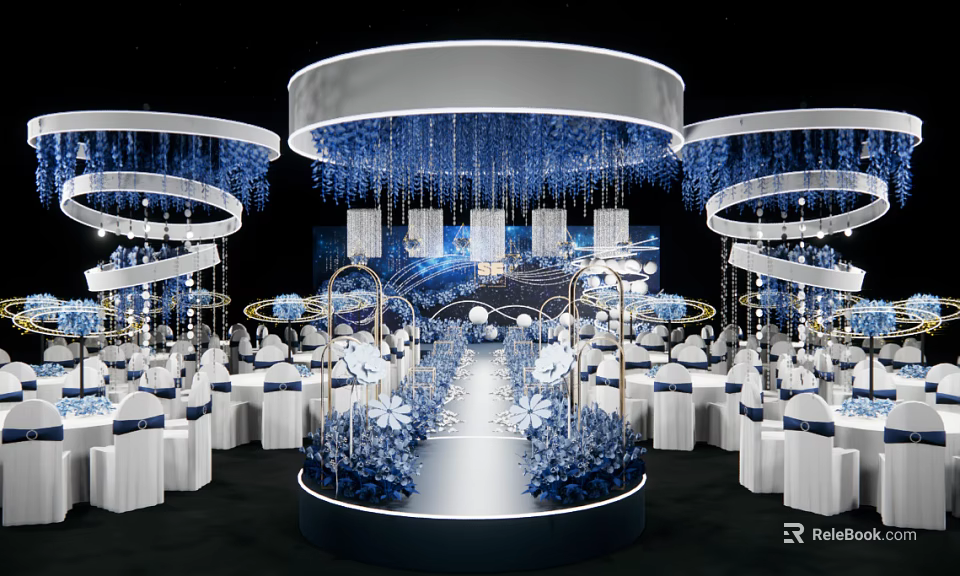 Elegant Banquet Hall With Circular Ceiling Blue Pendants Central Stage White Tables And Floral Decorations 3d model 