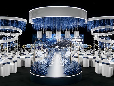 Elegant Banquet Hall With Circular Ceiling Blue Pendants Central Stage White Tables And Floral Decorations 3d model