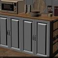 White Cabinet Sideboard With Wooden Top Microwave Oven Plates And Jars In Kitchen