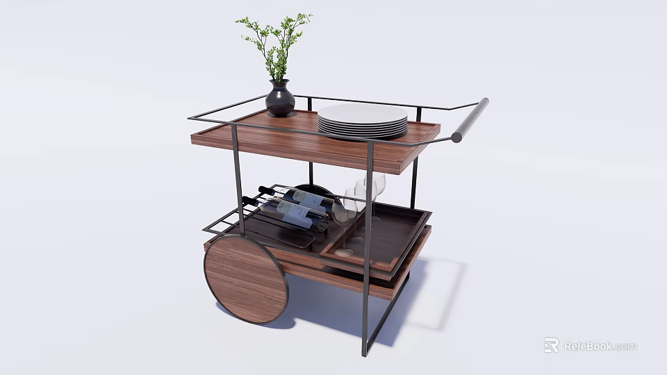 Wooden And Metal Serving Trolley With Plant Vase Plate Wine Bottles And Glasses 3d model 