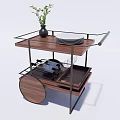 Wooden And Metal Serving Trolley With Plant Vase Plate Wine Bottles And Glasses