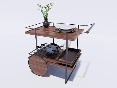 Wooden And Metal Serving Trolley With Plant Vase Plate Wine Bottles And Glasses 3d model