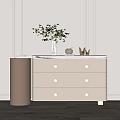 Modern Entryway Cabinet and Side Cabinet With Marble Top Round Knobs Green Plant and Decorative Items