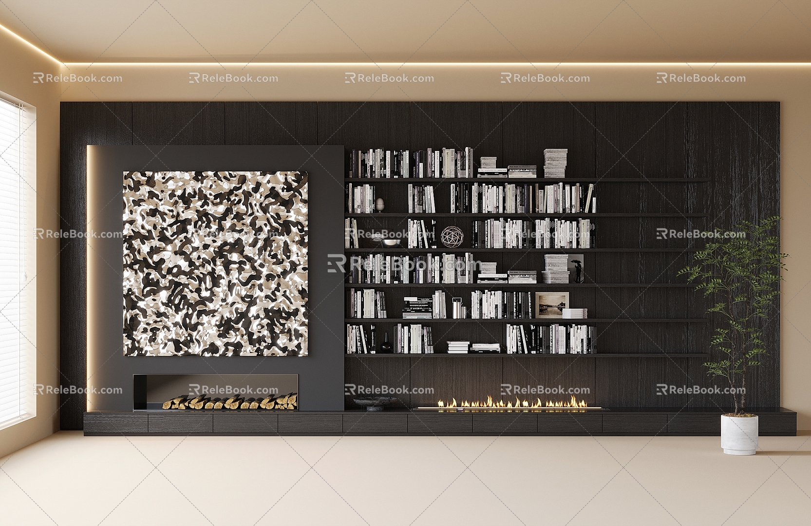 Modern Full Wall Bookcase Fireplace Books Book Ornaments 3d model