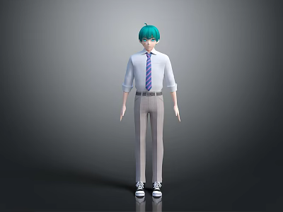 Game Movie Character With Green Hair White Shirt Purple Striped Tie Gray Pants White Sneakers 3d model