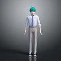 Game Movie Character With Green Hair White Shirt Purple Striped Tie Gray Pants White Sneakers