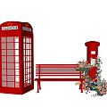 Floral Display with Red Telephone Booth Bench and Postbox Decorated with Colorful Flowers