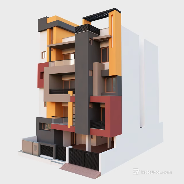 Modern Residential Building with Colorful Facade Multiple Balconies and Geometric Design 3d model 