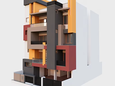 Modern Residential Building with Colorful Facade Multiple Balconies and Geometric Design 3d model