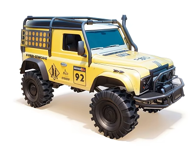 Yellow Off Road Rally Challenge Car Featuring Large Tires Roof Rack And 4x4 Design 3d model
