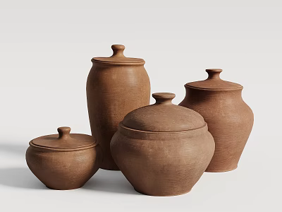 Handcrafted Traditional Brown Ceramic Jars With Lids In Various Sizes On White Background 3d model