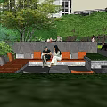 Lush Garden Landscape With Trees Greenery Seating Area Bar Counter And Hanging Lights