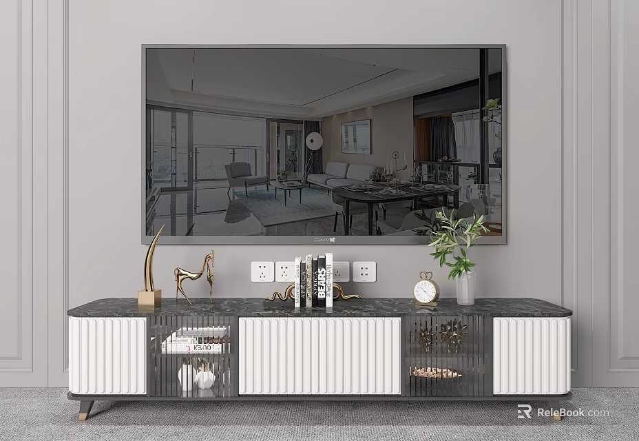 Modern Living Room TV Stand with Storage Drawers Decorative Items and Potted Plant 3d model 