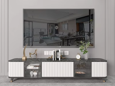 Modern Living Room TV Stand with Storage Drawers Decorative Items and Potted Plant 3d model