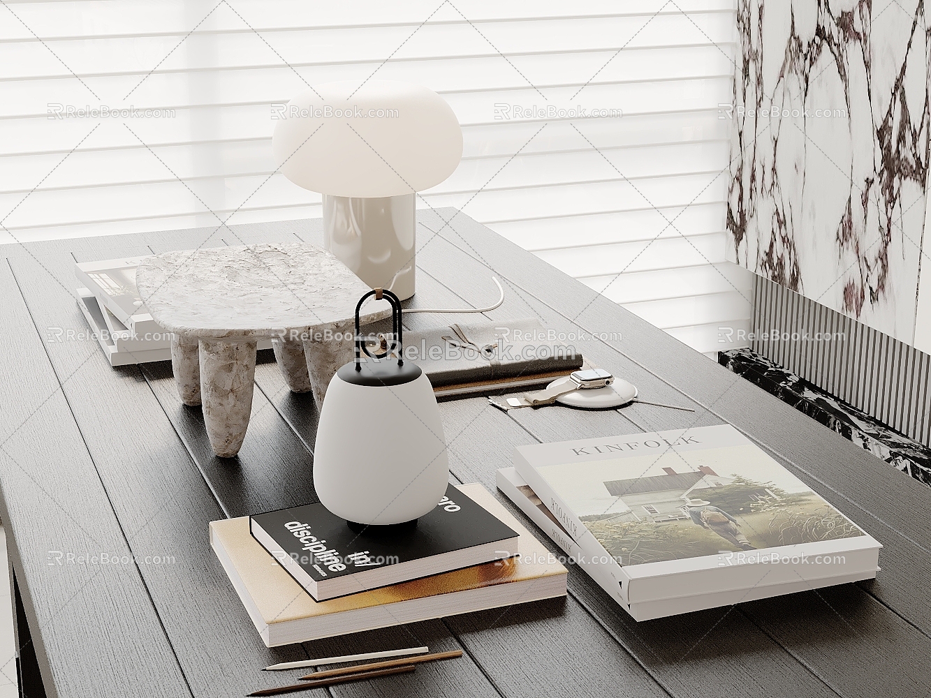 Modern Table Ornaments Books Table Lamp Kettle Watch 3d model