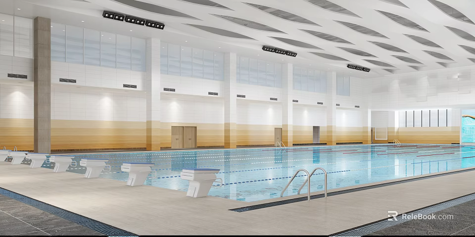 Indoor Swimming Pool With Spacious Interior Tiled Walls Starting Blocks And Ceiling Lights 3d model 