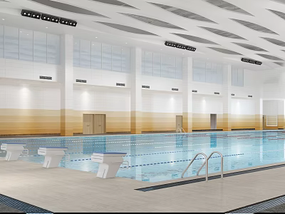 Indoor Swimming Pool With Spacious Interior Tiled Walls Starting Blocks And Ceiling Lights 3d model