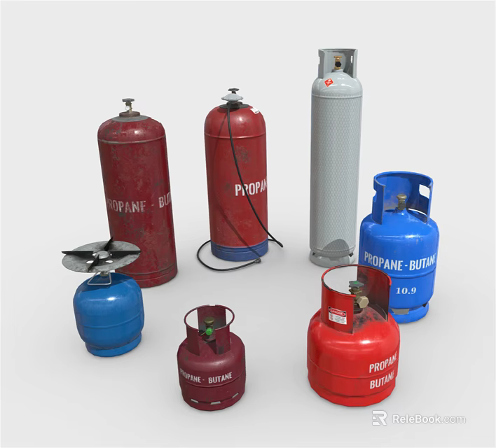 Collection of Propane Gas Cylinders in Various Colors and Sizes 3d model