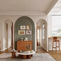 Modern Living Room Interior With Beige Sofa Wooden Coffee Table Area Rug And Decorative Paintings