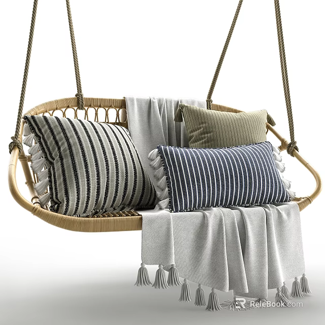 Rattan Hanging Sofa Stool With Striped Pillows And Gray Blanket Decor 3d model 
