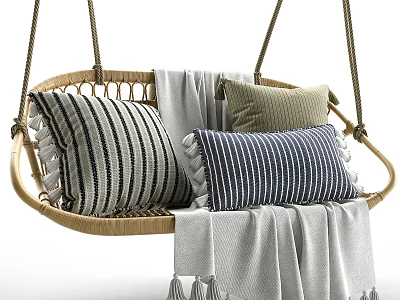 Rattan Hanging Sofa Stool With Striped Pillows And Gray Blanket Decor 3d model