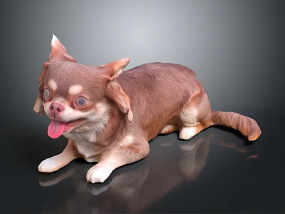 Cute Brown Chihuahua Lying on Black Surface with Tongue Out and Playful Expression 3d model