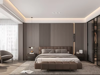 Modern Bedroom Interior Design With Bed Headboard Nightstands Window Curtains And Area Rug 3d model
