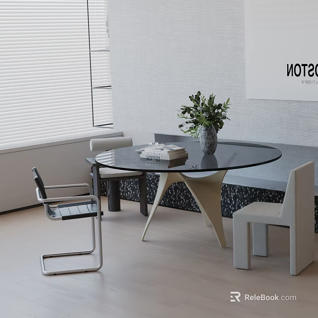 Modern Round Glass Dining Table Set With Chairs Bench And Green Plant In Interior 3d model 