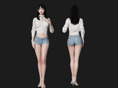 Woman In White Cropped Jacket And Denim Shorts With High Heels Front And Back View 3d model