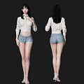 Woman In White Cropped Jacket And Denim Shorts With High Heels Front And Back View