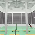 Indoor Badminton Court With Green Floor And People Playing For Fitness Activity