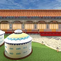 Traditional Chinese Garden Landscape with Red Roof Architecture Blue Decorations Yurt Green Lawn Wooden Cart