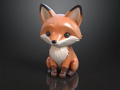 Cute Brown Fox Doll With White Chest And Black Ears Sitting On Reflective Surface 3d model