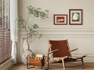 Cozy Brown Lounge Chair by Window with Green Plants and Two Paintings on Wall 3d model
