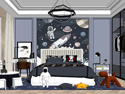 Kids Room Interior Design With Space Theme Wall Mural Astronaut Rocket Planets Stars And Toys 3d model