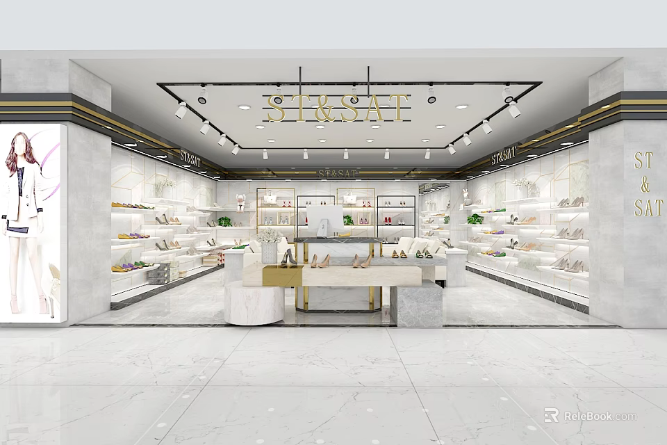 Seraphine Store Interior With Shoe Racks Display Cabinets Lighting Counter Green Plants And Marble Floor 3d model 