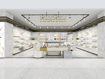 Seraphine Store Interior With Shoe Racks Display Cabinets Lighting Counter Green Plants And Marble Floor 3d model