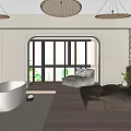 Modern Hotel Bathroom Interior With White Bathtub Round Mirror Woven Pendant Lights Natural Light