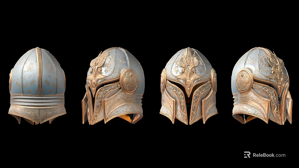 Ancient Style Helmets With Four Different Designs And Intricate Metal Carvings On Black Background 3d model 