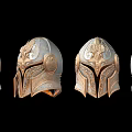 Ancient Style Helmets With Four Different Designs And Intricate Metal Carvings On Black Background