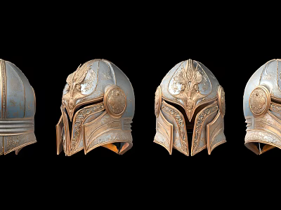 Ancient Style Helmets With Four Different Designs And Intricate Metal Carvings On Black Background 3d model