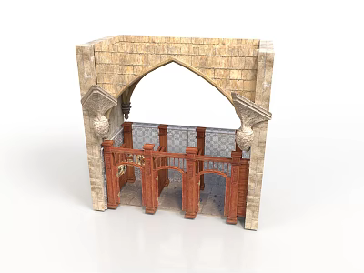 Traditional Stone Brick Archway With Wooden Gates Metal Grid And Decorative Details 3d model