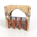 Traditional Stone Brick Archway With Wooden Gates Metal Grid And Decorative Details
