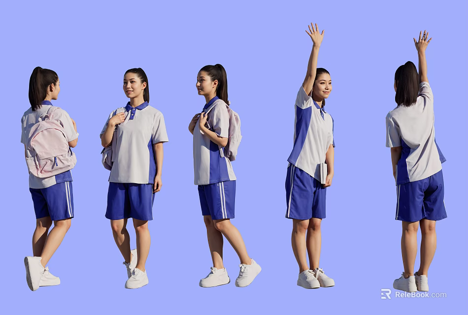 Multiple Students In Blue And White School Uniforms With Various Poses 3d model 