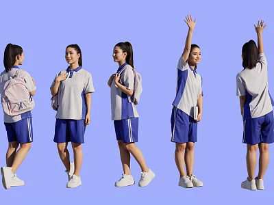Multiple Students In Blue And White School Uniforms With Various Poses 3d model