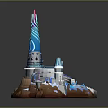 Ancient Architecture Tower With Blue Decorations On Snowy Rock Base And Glowing Elements 3d model